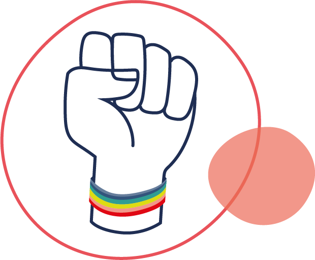 Illustration von einer Hand, die zu einer Faust geballt ist. Sie trägt ein Regenbogenarmband.