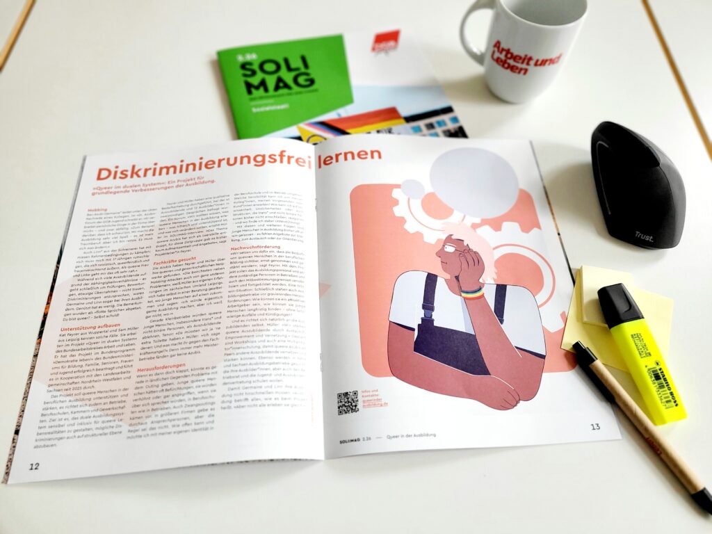 das Magazin liegt aufgeschlagen auf dem Schreibtisch, daneben eine Kaffeetasse, zwei Stifte und eine Computer-Maus