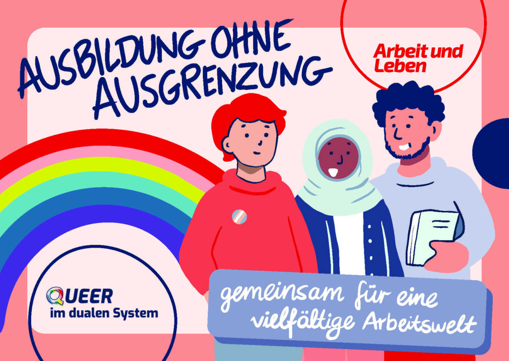 drei Personen vor einem Regenbogen und dem Titel "Ausbildung ohne Ausgrenzung"
